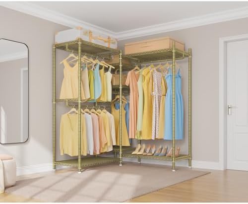 VIPEK L6 L Shaped Clothes Rack Heavy Duty Clothing Rack for Corner, 5-Tier Wire Garment Racks Metal Freestanding Closet with Adjustable Shelves, 42.1" L x 42.1" W x 76.4" H, Max Load 840LBS, Gold - Image 2