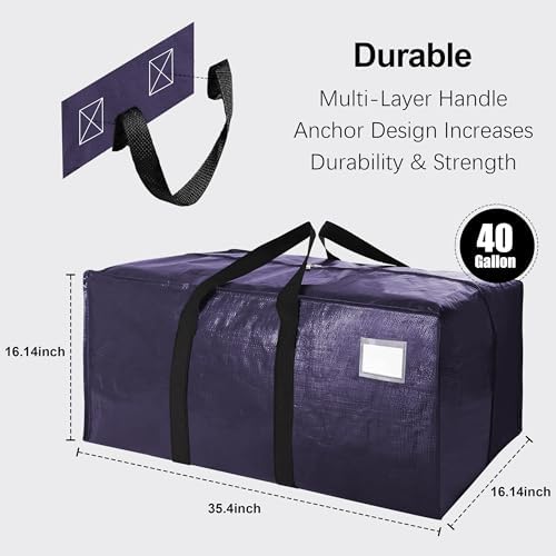6 Pack Heavy Duty Extra Large Moving Bags W/Backpack Straps - Strong Handles & Zippers, Storage Totes For Space Saving, Fold Flat, Alternative to Box and Bin (40 gal, Semi-Transparent+Blue+Black) - Image 2