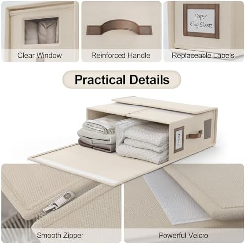 4 Pack Foldable Bed Sheets Set Organizers and Storage(Cal King Size),Linen Fabric Closet Organizers with Window,Folding Bedding Storage Box for Bedsheets and Pillow Cube Organizer-Beige - Image 5
