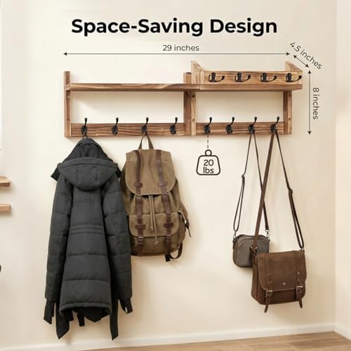 29" Coat Rack Wall Mount with Shelf, 4 in 1 Wall Mounted Coat and Key Hanger with 11 Hooks, Entryway Key Holder with Mail Holder for Living Room, Bedroom - Image 3