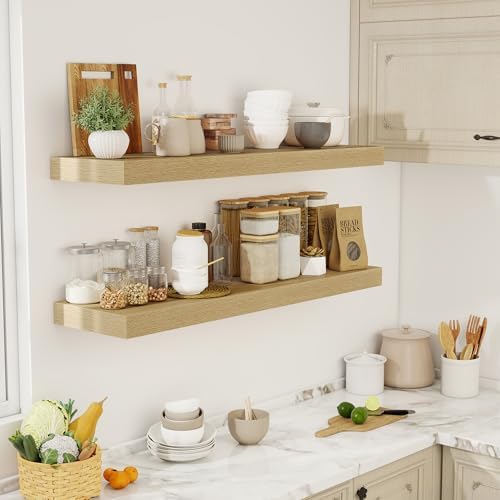 Acovy 48 Inch Floating Shelves, 12" Deep Floating Shelf Wall Mounted, 48" Wall Shelves, Rustic Deep Bookshelf, Extra Deeper & Thicker Display Shelves for Bedroom, Living Room, Oak, Set of 2 - Image 2
