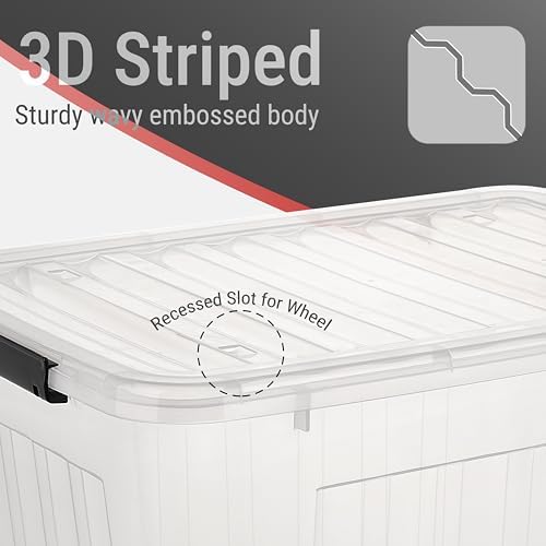 Cetomo Plastic Storage Bins, Lidded Storage Box with Wheels for Home Office Dorm, Wheeled, Stackable, Clear, 85Quart-4 Pack - Image 3