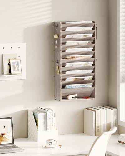 CHOEZON Wall File Organizer, 10-Tier Hanging Mail Organizer, Wall Mount File Holder with 4 Side Hooks, Industrial Mail and Storage Organizer, Wooden Vertical Hanging Holder for Office, Greige MWJ03FH - Image 6