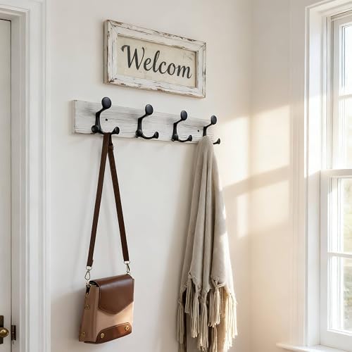 SKOLOO 24-Inch Wood Coat Rack Wall Mount with 4 Triple Hooks - Ideal for Family Entrances, Classrooms, and Pet Supplies Storage - Perfect Coat Hooks for Wall,Distressed White Wash - Image 2