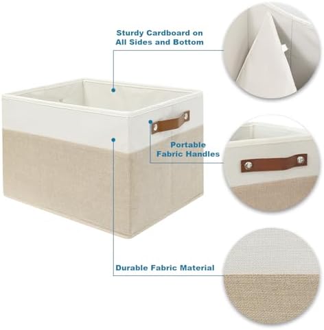 6 Pack Fabric Storage Baskets with Handles (White with Beige,15" L*10.2" W*9" H) - Image 3