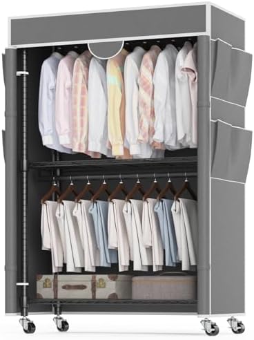 Homdox Garment Rack with Cover, Heavy Duty Clothing Rack for Hanging Clothes, Portable Closet Wardrobe, Double Rods Garment Rack with wheels, 35.1" W x 17.4" D x 80.6" H, Gray by HOMDOX
