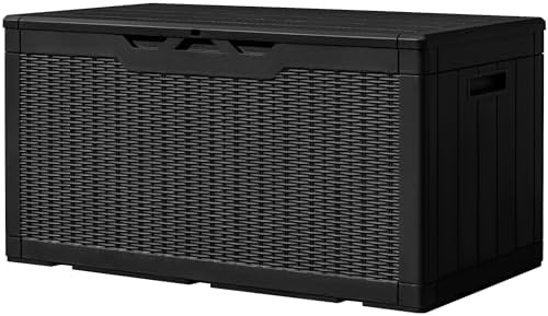 Greesum 100 Gallon Resin Deck Box Large Outdoor Storage, Imitation Rattan Weave Texture for Patio Furniture, Garden Tools, Pool Supplies, Weatherproof and UV Resistant, Lockable, Dark Black by BuynowfromGreesum