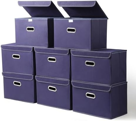 STOREONE Fabric Storage Cube Bins Foldable Organizer Container Collapsible Basket with Lids and Metal Handles, for Home, Bedroom, Closet 8 Pcs (Navy Blue) by STOREONE