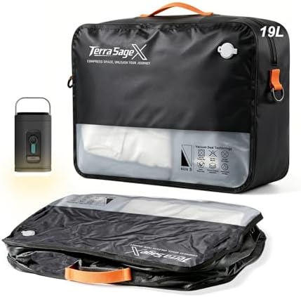 Travel Vacuum Bags with Pump, Space Saver Compression Storage Bags for Luggage & Suitcase, Clear Viewing Window, Reusable Vacuum Seal Bags for Clothes, Bedding & Travel (19L, 1 Pack) by TerraSageX