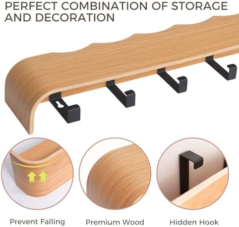Coat Rack Wall Mount with Shelf Entryway Shelf Modern Key Holder Hanger Wall Shelves with Hidden Hooks for Hanging Towels Coats Hats Bags for Hallway Bathroom Bedroom (Wavy Oak, 8 Hooks) - Image 5