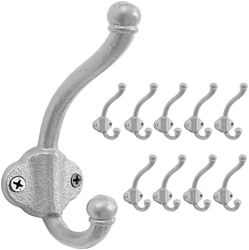 Dseap Cast Iron Wall Hooks L=5”, Heavy Duty Coat Hooks, Rustic Vintage Farmhouse Hook for Hanging Winter Coats Jackets Towels Hats Bags Plants, Silver, Pack of 10 (VintageBold) by Dseap