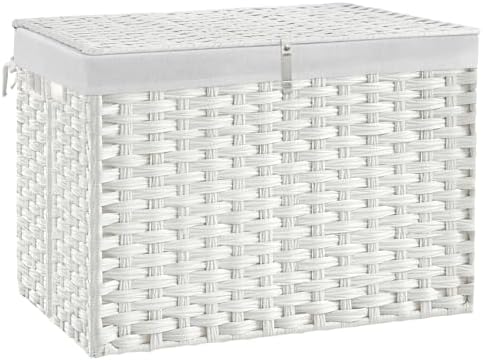 240L Wicker Storage Basket with Lid, Handwoven Rattan Large Shelf Basket with Removable Liner, 63.5 Gallon Wicker Basket for Blanket, Storage Trunk with Handle for Closet, Bedroom, Livingroom, White by Hiagnete