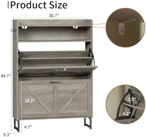 Xixini Shoe Storage Cabinet with 2 Flip Drawers, Entryway Shoe Rack, Grey - Image 2