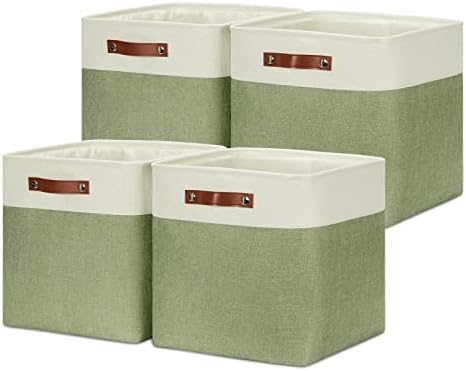 DULLEMELO Storage Baskets for Organizing, Linen Closet Organizers and Storage Baskets for Dog Box, 13 Inch Decorative Cube Storage Bins with handle for Gift Basket(4 Pack - 13" White&Green) by DULLEMELO