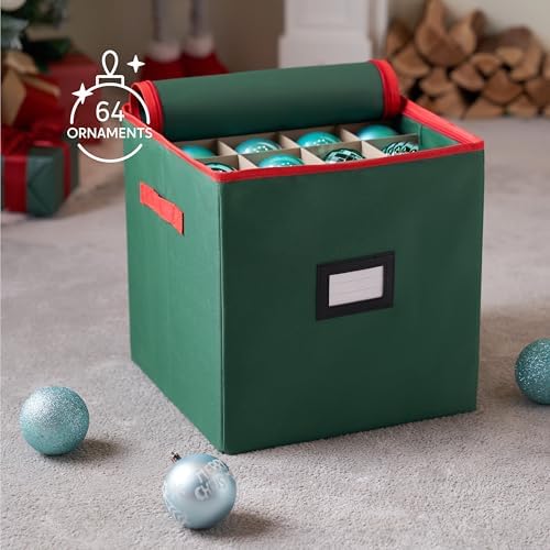 Joiedomi Christmas Ornament Storage Box with Adjustable Divider & Dual Zipper - Christmas Storage Container Store Up to 64 Holiday Ornaments 3 Inch - Holiday Decoration Organizer Two Handles Green - Image 2