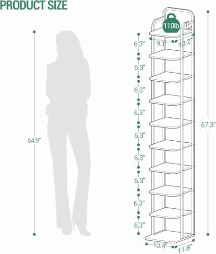 Hzuaneri 10 Tiers Vertical Shoe Rack, Tall Shoe Shelf with 2 Hooks - Image 2
