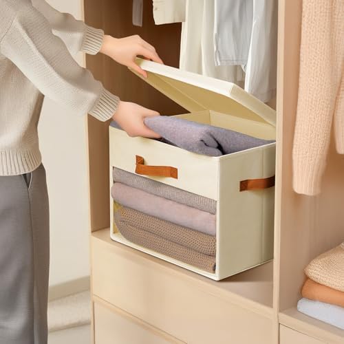 Homsorout Large Storage Bins with Lids - 6 Pack Foldable Decorative Organizers with Clear Windows & Handles, Cube Storage Organizers for Clothes, Blankets, Sweaters, CD, Beige - Image 5