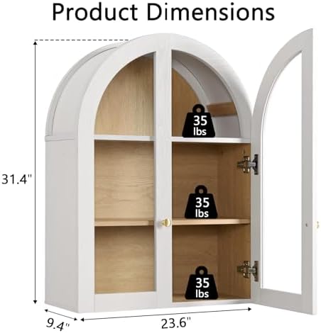 Bathroom Arched Wall Cabinet, 23.5'' Wide Medicine Cabinet, Bathroom Cabinet Wall Mount with Glass Doors & Adjustable Shelves, Over The Toilet Storage Cabinet for Laundry Room, Bedroom,Kitchen, White - Image 2