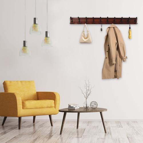 Kuhome 38.6'' Large Coat Rack Wall Mount Coat Hooks Coat Hanger with 10 Metal Black Triple- Hooks Brown Pine Real Wood Plank Hat Rack for Wall Hooks for Hanging Coat Hat Jacket - Image 7