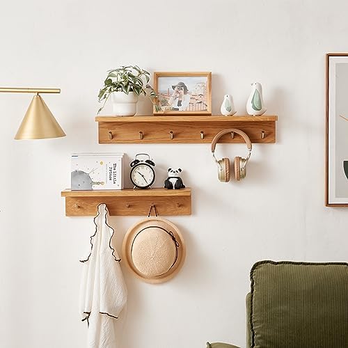 Oak Wood Coat Rack Wall Mount With Shelf 27.5 Inch Long, Entryway Floating Shelf With 6 Hooks for Bathroom, Hallway, Living Room - Image 4