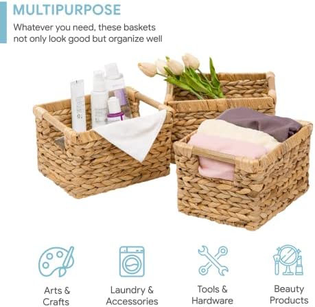 Small Wicker Baskets for Organizing Bathroom, Hyacinth Baskets for Storage, Wicker Storage Basket with Wooden Handle, Decorative Small Basket 10 x 7.5 x 6.3 inches - 3 Pack - Image 4