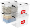 Cetomo Lidded Storage Bin with Handle, Storage Bins with Lid, Organizing Container with Secure Latching Buckles, Stackable and Nestable, Plastic, 95 Quart-4 Pack, Clear by Cetomo