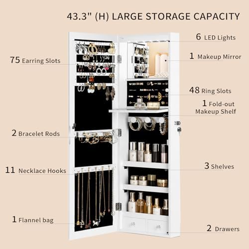 6 LEDs Mirror Jewelry Cabinet, Over the Door Jewelry Organizer with Full Length Mirror, Wall Mounted or Door Hanging Jewelry Box with Storage - Image 5