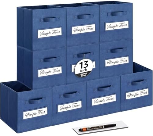 13x13x13 storage cube bins (Set of 10) Fabric storage cubes with 10 Labels Window Cards & a Pen, storage cubes 13x13, Collapsible 13 inch cube storage bins, Cubby Organizer Boxes, Navy Blue by Artsdi