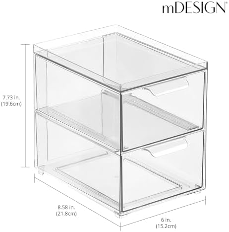 mDesign Stackable Storage Containers Box with 2 Pull-Out Drawers - Stacking Plastic Drawer Bins for Master or Guest Bathroom, Linen Closet, Vanity, or Makeup Table - Lumiere Collection - 8 Pack, Clear - Image 3