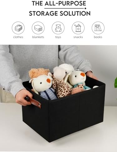 Fabric Storage Bins (15x11x9.5”) – Reinforced 2.5mm Cardboard Shelf Bins with PU Leather Handles – [6-Pack] Durable Storage Baskets for Closet Organization, Toy Organizer, & Home Office – Black - Image 7