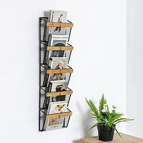 RiteSune Wall Mounted File Magazine Mail Rack Holder, Metal Basket Shelf Wall Organizer for Newspapers, Magazines, Fit for Office, Home, 5 Tier, Black - Image 6