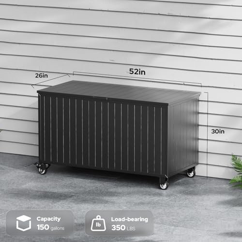 150 Gallon Outdoor Storage Box with Wheels, Metal Deck Boxes,Black - Image 4