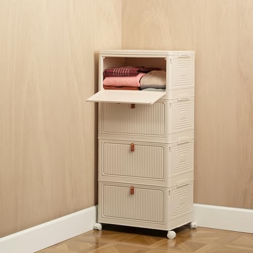 20 QT (80 QT Total) Foldable Storage Cabinet with Doors – 4 Tier Stackable Organizer, Collapsible Plastic Storage Bins with Magnetic Doors, Space-Saving Storage for Bedroom, Closet, Dorm by Proktik