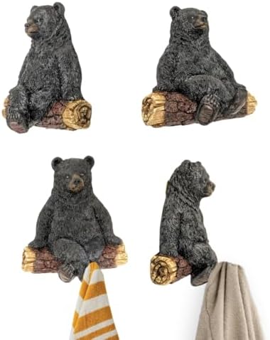 Set of 4 Resin Black Bear Wall Hooks Rustic Cabin Towel Coat Rack by AMAJY