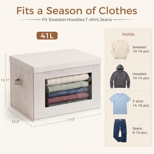 3-Pack Large Storage Bins with Lids & Clear Window, Foldable Fabric Closet Organizer Boxes, Stackable Cube Baskets with Soft Handles for Clothes & Blankets, 17”, Beige - Image 2