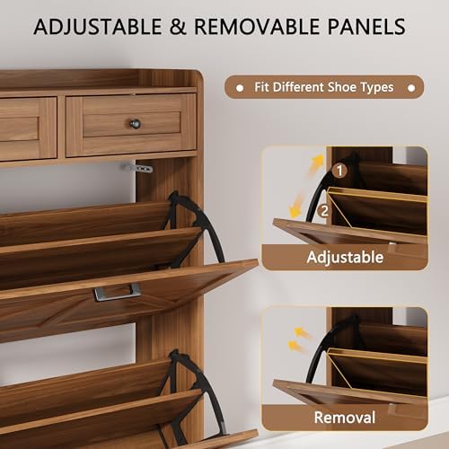 Shoe Cabinet with 2 Flip Drawers & 2 Top Drawers, 43" Tall Freestanding Narrow Wooden Shoe Storage Organizer for Entryway, Hidden Slim Shoe Rack for Front Door Entrance, Hallway, Living Room, Walnut - Image 3