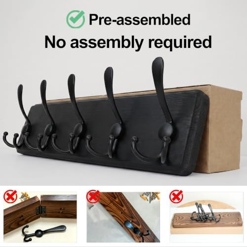 WEBI Rustic Coat Rack Wall Mount,Wood Coat Hooks Wall Mounted Coat Hanger,16" Hole to Hole,Hook Rack Rail,5 Triple Hooks for Hanging Coats,Hats,Jacket,Clothes,Entryway,Black,2 Packs - Image 6