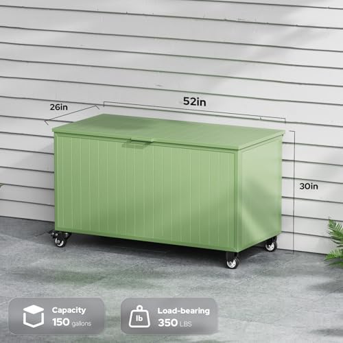 150 Gallon Outdoor Storage Box with Wheels, Metal Deck Boxes,Green - Image 4