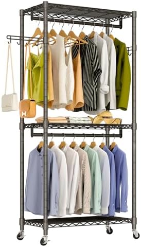 Heavy Duty Rolling Garment Rack, 3 Tiers Wire Shelves Adjustable Freestanding Portable Rolling Clothing Rack with Lockable Wheels, 35.4''L x 15.8''W x 78.8''H, Max Load 420LBS by EXGLOBOL