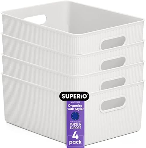 Superio Ribbed Collection - Decorative Plastic Basket Open Home Storage Bins Organizer, Large White (4 Pack) Container Boxes for Organizing Closet Storage Bins for Shelves 15 Liter/16 Quart by Superio