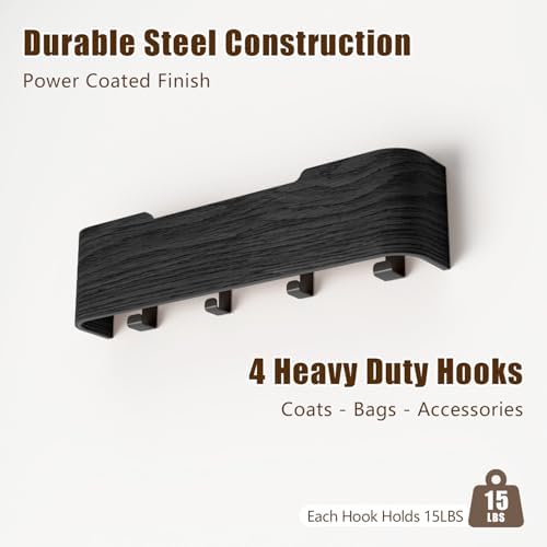 Coat Rack Wall Mount with Hidden Hooks, Wall Hooks with Shelf, Wall Key Holder Mount Wooden Shelf Entryway Hooks for Bedroom Bathroom for Hanging Coats Hats Bags Towels (Black, 4 Hooks) - Image 6
