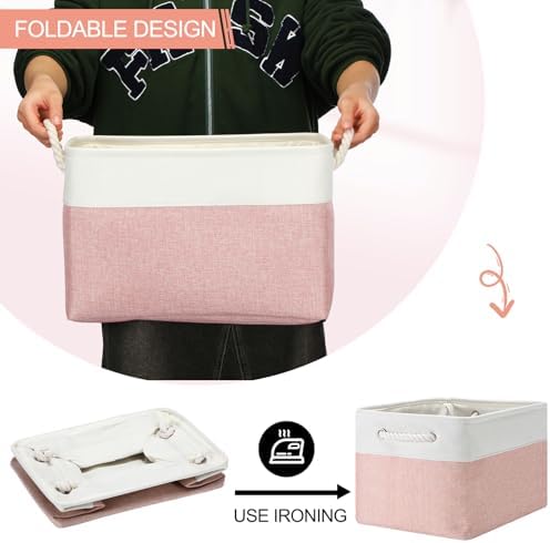 FoldTier 10 Pack Large Collapsible Fabric Storage Baskets with Handles Decorative Storage Bins for Organizing Shelves Toys Clothes (Pink & White,16 x 12 x 10 Inches) - Image 4