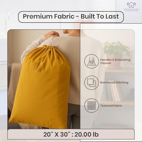 LFH Home Large Premium Cotton Rich Canvas Laundry Bag with Drawstring and Handles Heavy Duty, Multi-Use, and Washable for Home, Travel, College or Storage 20x30 (Pack of 4)-Yellow - Image 5
