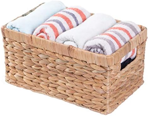 Natural Woven Water Hyacinth Rectangular Wicker Basket with Handles, Small Storage Bin Organizer, 12 Inch Shallow Basket Tray by Vintiquewise