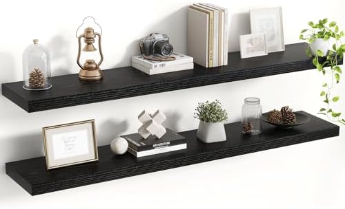 Acovy 48 Inch Floating Shelves, 8 Inch Deep Floating Shelves for Wall, Hanging Shelf with Invisible Brackets, Deep Shelves for Bathroom, Bedroom, Living Room, Black, Set of 2 by Acovy