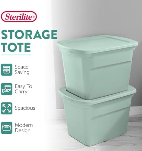 Sterilite 8 Pack Tote, Plastic Stackable Storage Bin Container with Lid, 18 Gallon, Mindful Mint - Image 3