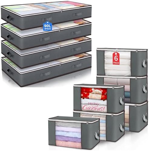 6 Pack 90L Large Storage Bags And 4 Pack 90L Under Bed Storage Containers, Clothes Storage Bins with Reinforced Handle for Clothing, Blanket, Comforters, Bed Sheets, Pillows and Toys (Gray) by BuddingJoy-BuildaJoyfulLifeforYou