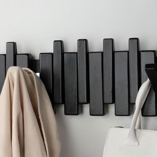Beech Piano Key Coat Rack with 10 Flip Hooks, Black - Image 5