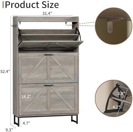 Xixini Shoe Storage Cabinet with 3 Flip Drawers, Entryway Shoe Rack, Grey - Image 2