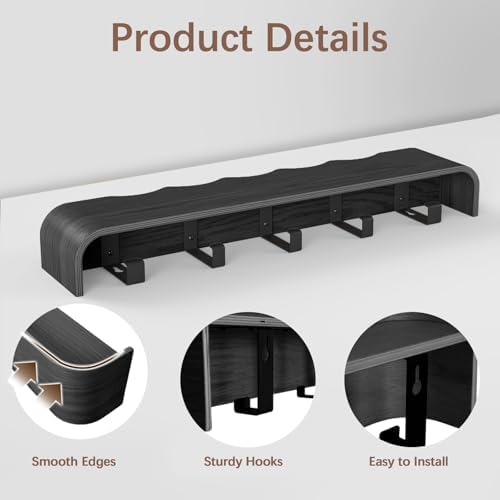 Coat Rack Wall Mount with Hidden Hooks, Wall Hooks with Shelf, Wall Key Holder Mount Wooden Shelf Entryway Hooks for Bedroom Bathroom for Hanging Coats Hats Bags Towels (Black Wave-Shape, 5 Hooks) - Image 3